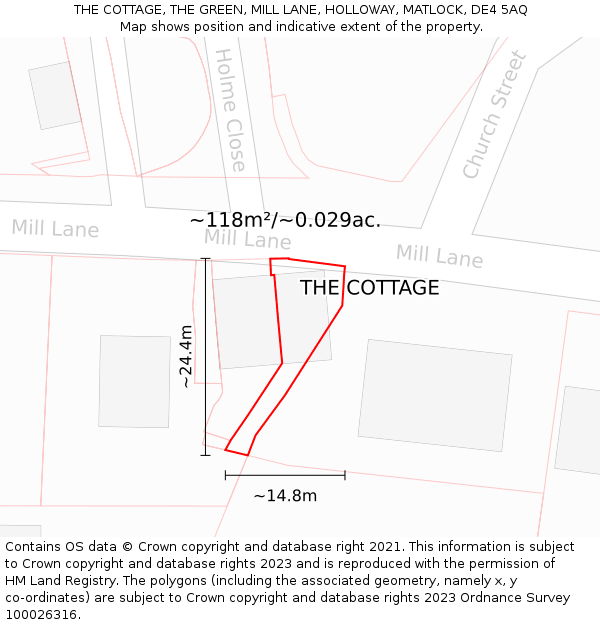 THE COTTAGE, THE GREEN, MILL LANE, HOLLOWAY, MATLOCK, DE4 5AQ: Plot and title map