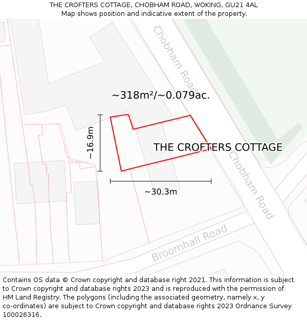 THE CROFTERS COTTAGE, CHOBHAM ROAD, WOKING, GU21 4AL: Plot and title map