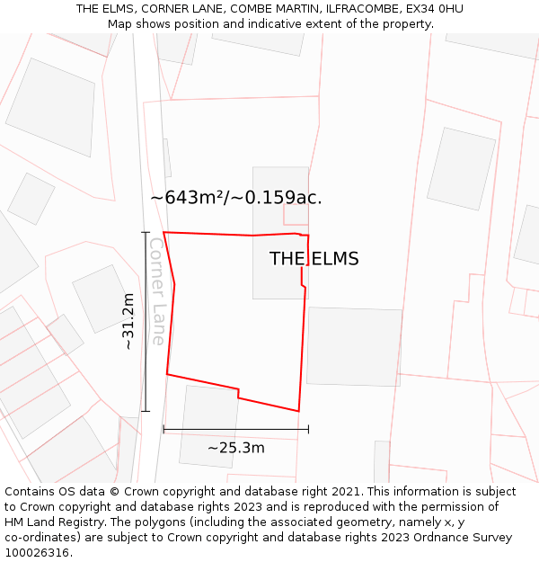 THE ELMS, CORNER LANE, COMBE MARTIN, ILFRACOMBE, EX34 0HU: Plot and title map