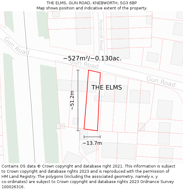 THE ELMS, GUN ROAD, KNEBWORTH, SG3 6BP: Plot and title map