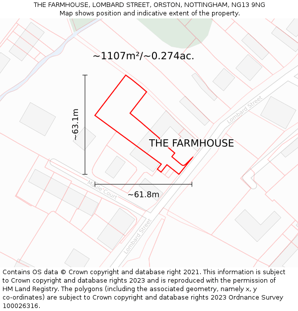 THE FARMHOUSE, LOMBARD STREET, ORSTON, NOTTINGHAM, NG13 9NG: Plot and title map