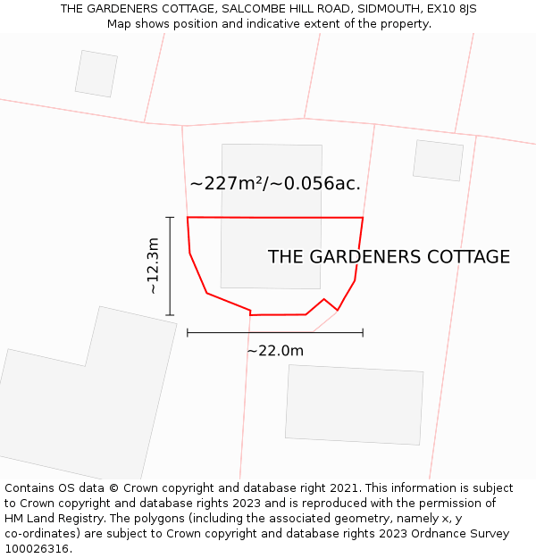 THE GARDENERS COTTAGE, SALCOMBE HILL ROAD, SIDMOUTH, EX10 8JS: Plot and title map