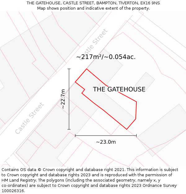 THE GATEHOUSE, CASTLE STREET, BAMPTON, TIVERTON, EX16 9NS: Plot and title map