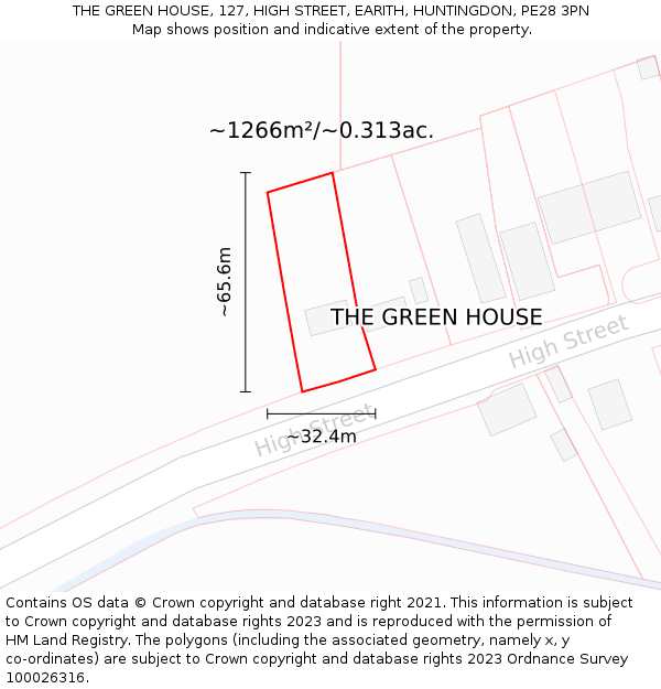 THE GREEN HOUSE, 127, HIGH STREET, EARITH, HUNTINGDON, PE28 3PN: Plot and title map