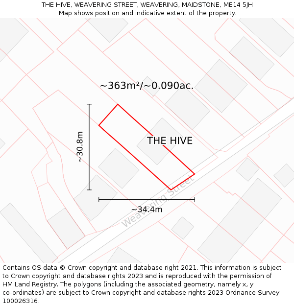 THE HIVE, WEAVERING STREET, WEAVERING, MAIDSTONE, ME14 5JH: Plot and title map