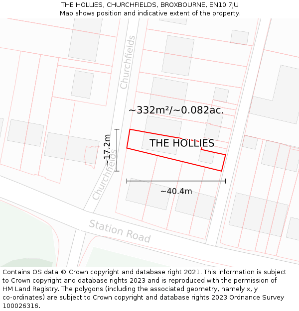 THE HOLLIES, CHURCHFIELDS, BROXBOURNE, EN10 7JU: Plot and title map