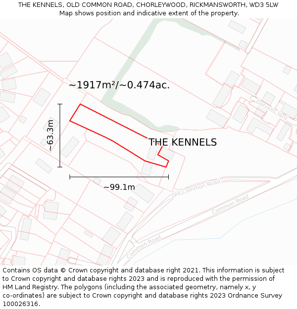 THE KENNELS, OLD COMMON ROAD, CHORLEYWOOD, RICKMANSWORTH, WD3 5LW: Plot and title map