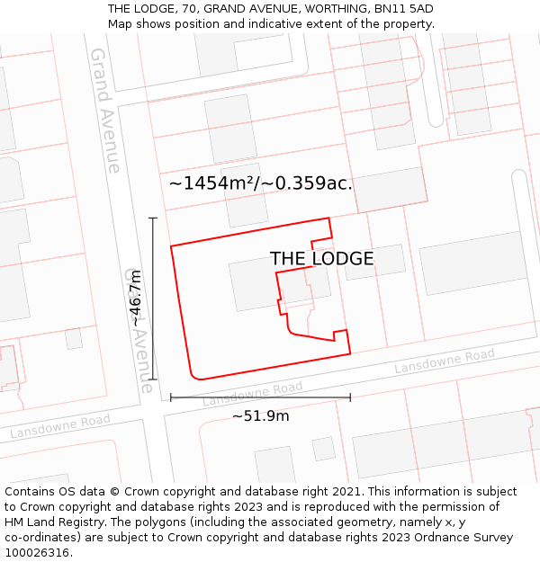 THE LODGE, 70, GRAND AVENUE, WORTHING, BN11 5AD: Plot and title map