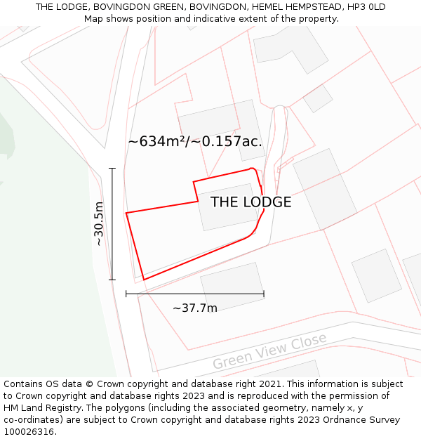 THE LODGE, BOVINGDON GREEN, BOVINGDON, HEMEL HEMPSTEAD, HP3 0LD: Plot and title map