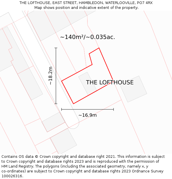 THE LOFTHOUSE, EAST STREET, HAMBLEDON, WATERLOOVILLE, PO7 4RX: Plot and title map