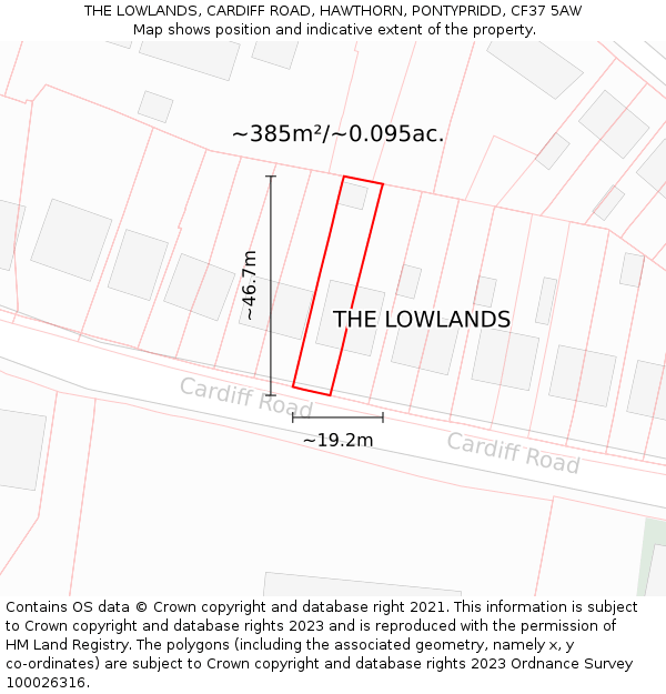 THE LOWLANDS, CARDIFF ROAD, HAWTHORN, PONTYPRIDD, CF37 5AW: Plot and title map