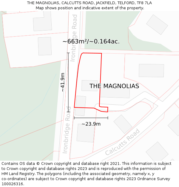 THE MAGNOLIAS, CALCUTTS ROAD, JACKFIELD, TELFORD, TF8 7LA: Plot and title map