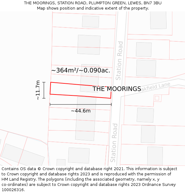 THE MOORINGS, STATION ROAD, PLUMPTON GREEN, LEWES, BN7 3BU: Plot and title map