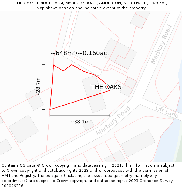 THE OAKS, BRIDGE FARM, MARBURY ROAD, ANDERTON, NORTHWICH, CW9 6AQ: Plot and title map