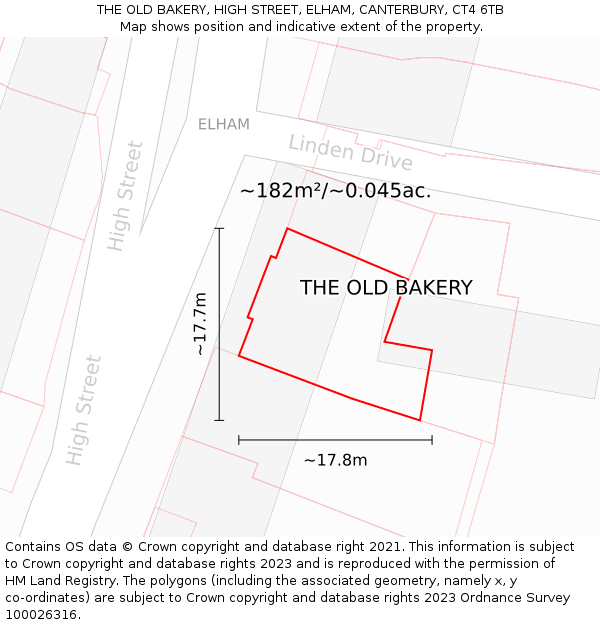 THE OLD BAKERY, HIGH STREET, ELHAM, CANTERBURY, CT4 6TB: Plot and title map