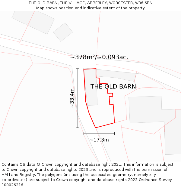 THE OLD BARN, THE VILLAGE, ABBERLEY, WORCESTER, WR6 6BN: Plot and title map