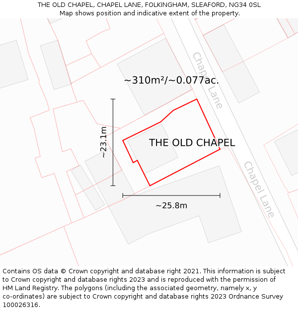 THE OLD CHAPEL, CHAPEL LANE, FOLKINGHAM, SLEAFORD, NG34 0SL: Plot and title map