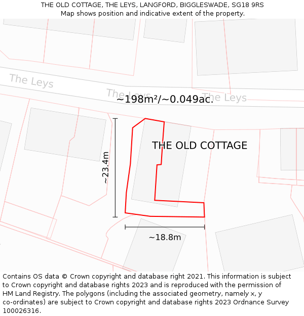 THE OLD COTTAGE, THE LEYS, LANGFORD, BIGGLESWADE, SG18 9RS: Plot and title map