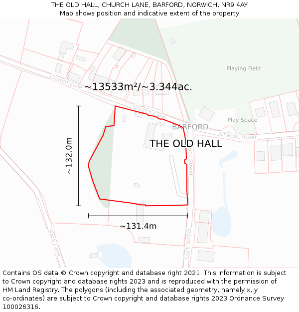 THE OLD HALL, CHURCH LANE, BARFORD, NORWICH, NR9 4AY: Plot and title map