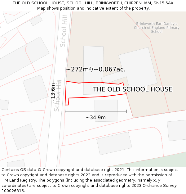 THE OLD SCHOOL HOUSE, SCHOOL HILL, BRINKWORTH, CHIPPENHAM, SN15 5AX: Plot and title map