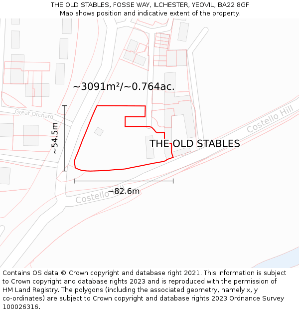 THE OLD STABLES, FOSSE WAY, ILCHESTER, YEOVIL, BA22 8GF: Plot and title map