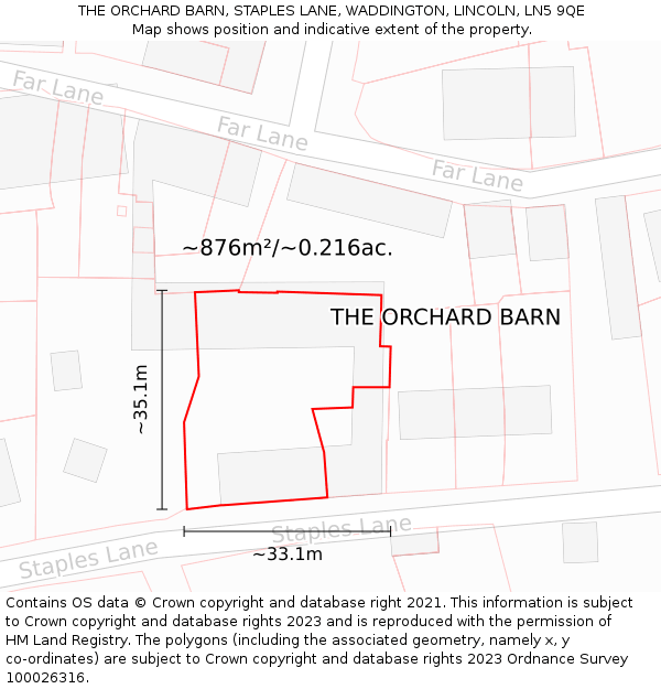 THE ORCHARD BARN, STAPLES LANE, WADDINGTON, LINCOLN, LN5 9QE: Plot and title map