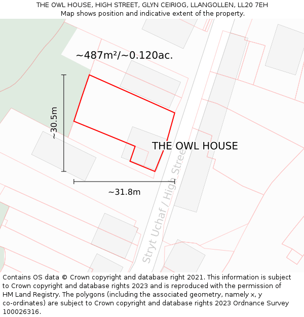 THE OWL HOUSE, HIGH STREET, GLYN CEIRIOG, LLANGOLLEN, LL20 7EH: Plot and title map