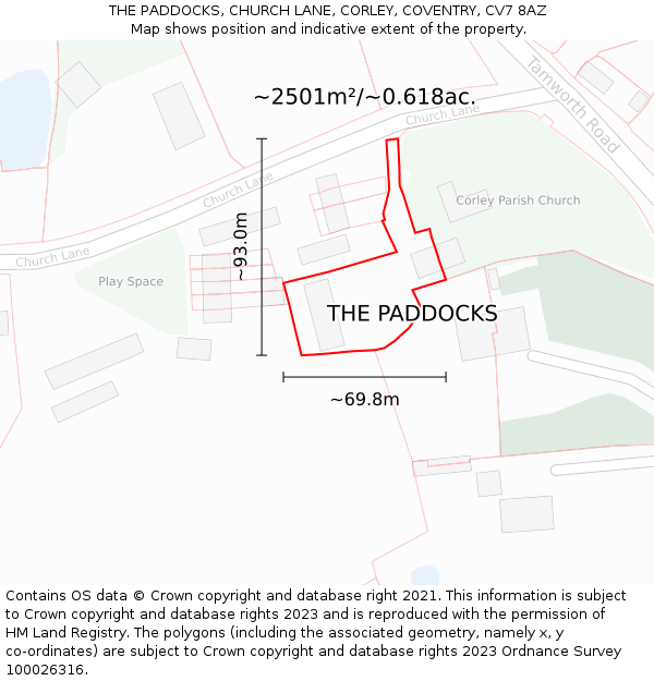 THE PADDOCKS, CHURCH LANE, CORLEY, COVENTRY, CV7 8AZ: Plot and title map