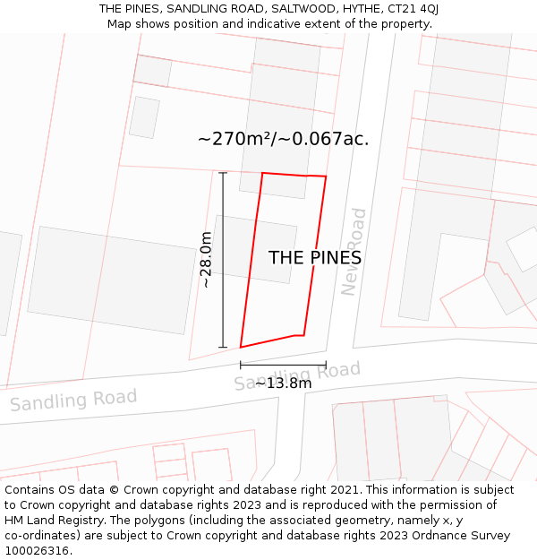 THE PINES, SANDLING ROAD, SALTWOOD, HYTHE, CT21 4QJ: Plot and title map