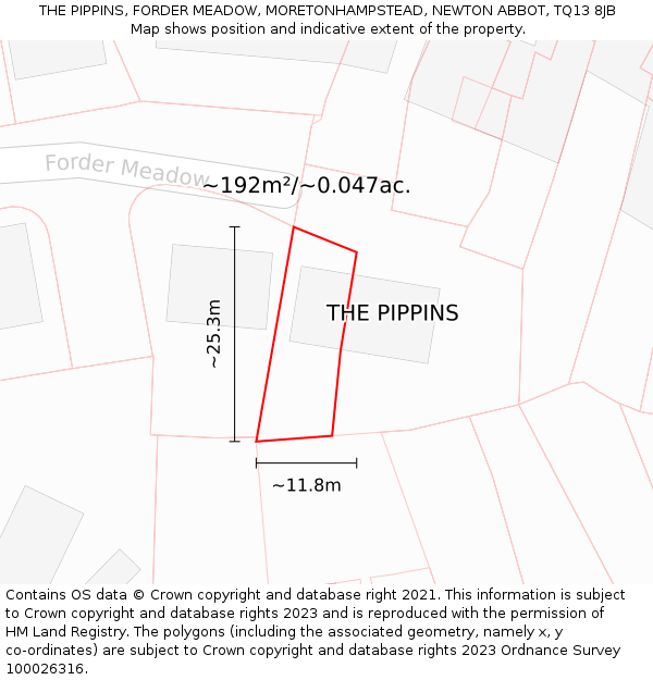 THE PIPPINS, FORDER MEADOW, MORETONHAMPSTEAD, NEWTON ABBOT, TQ13 8JB: Plot and title map