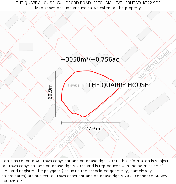 THE QUARRY HOUSE, GUILDFORD ROAD, FETCHAM, LEATHERHEAD, KT22 9DP: Plot and title map