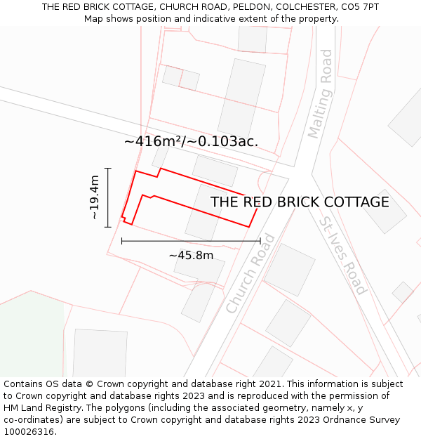 THE RED BRICK COTTAGE, CHURCH ROAD, PELDON, COLCHESTER, CO5 7PT: Plot and title map