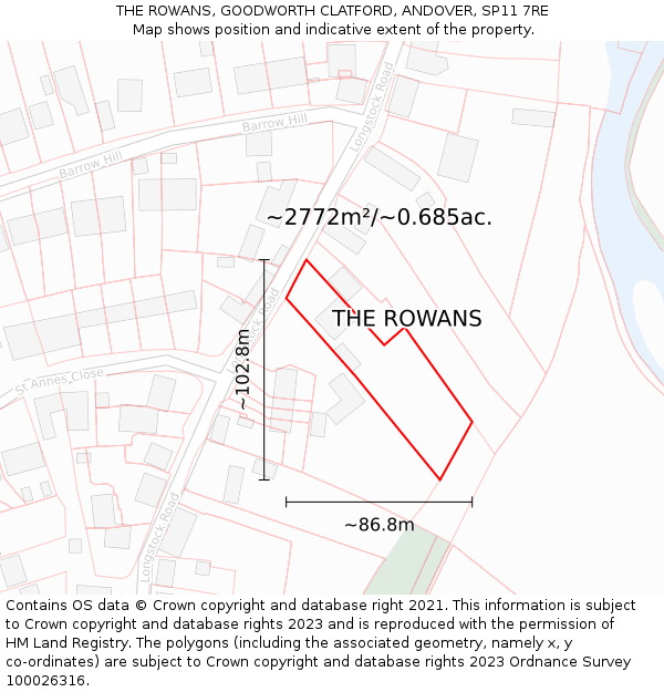 THE ROWANS, GOODWORTH CLATFORD, ANDOVER, SP11 7RE: Plot and title map