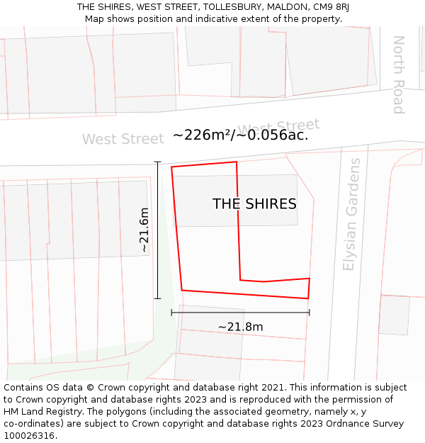 THE SHIRES, WEST STREET, TOLLESBURY, MALDON, CM9 8RJ: Plot and title map