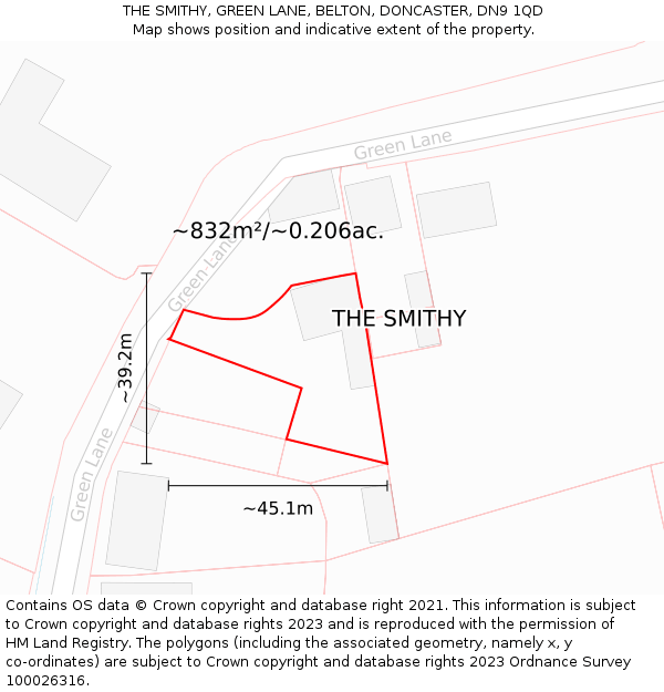 THE SMITHY, GREEN LANE, BELTON, DONCASTER, DN9 1QD: Plot and title map