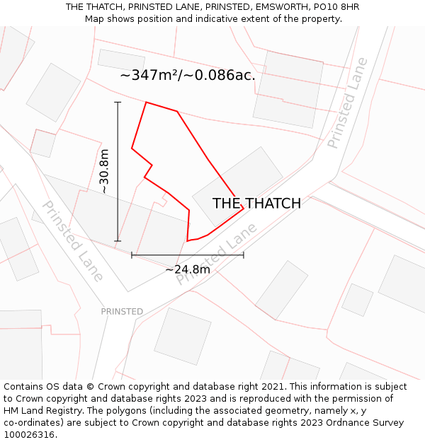 THE THATCH, PRINSTED LANE, PRINSTED, EMSWORTH, PO10 8HR: Plot and title map