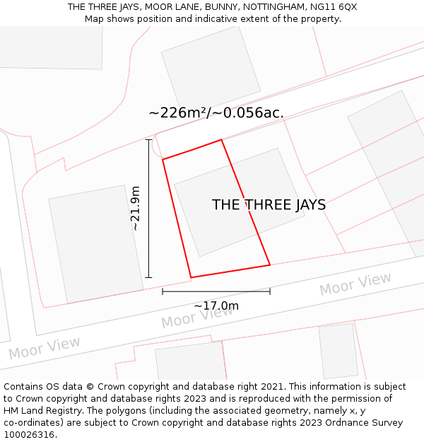 THE THREE JAYS, MOOR LANE, BUNNY, NOTTINGHAM, NG11 6QX: Plot and title map