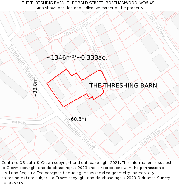 THE THRESHING BARN, THEOBALD STREET, BOREHAMWOOD, WD6 4SH: Plot and title map