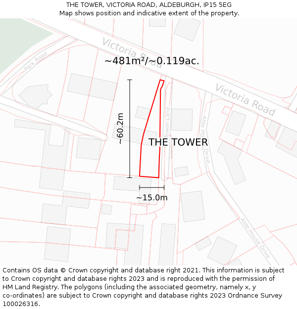 THE TOWER, VICTORIA ROAD, ALDEBURGH, IP15 5EG: Plot and title map