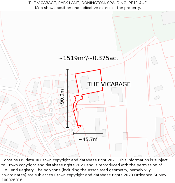 THE VICARAGE, PARK LANE, DONINGTON, SPALDING, PE11 4UE: Plot and title map