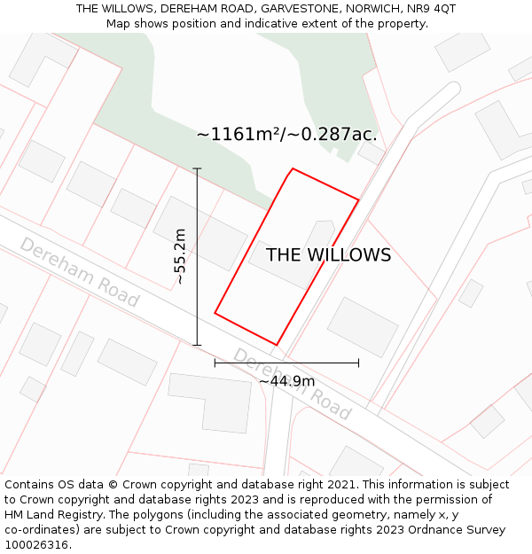 THE WILLOWS, DEREHAM ROAD, GARVESTONE, NORWICH, NR9 4QT: Plot and title map