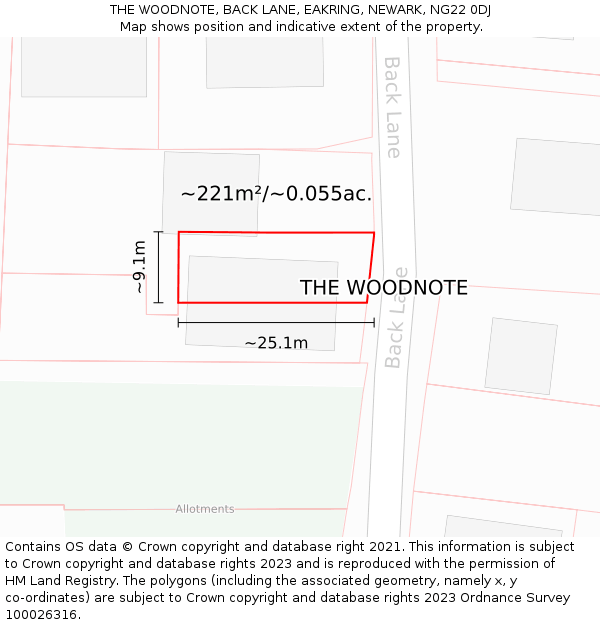 THE WOODNOTE, BACK LANE, EAKRING, NEWARK, NG22 0DJ: Plot and title map