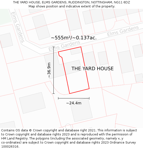 THE YARD HOUSE, ELMS GARDENS, RUDDINGTON, NOTTINGHAM, NG11 6DZ: Plot and title map