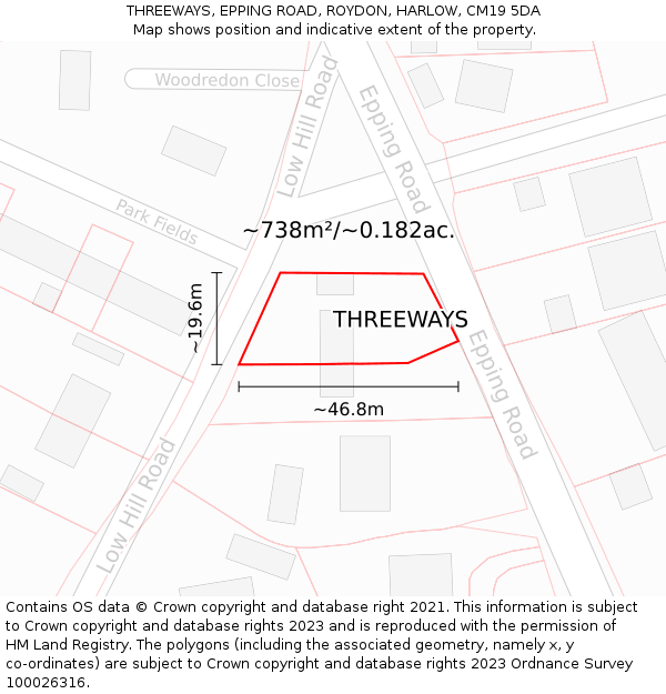 THREEWAYS, EPPING ROAD, ROYDON, HARLOW, CM19 5DA: Plot and title map