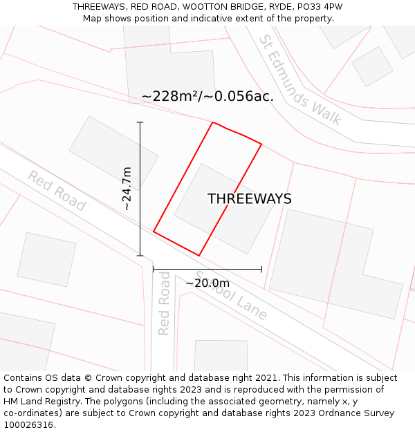 THREEWAYS, RED ROAD, WOOTTON BRIDGE, RYDE, PO33 4PW: Plot and title map