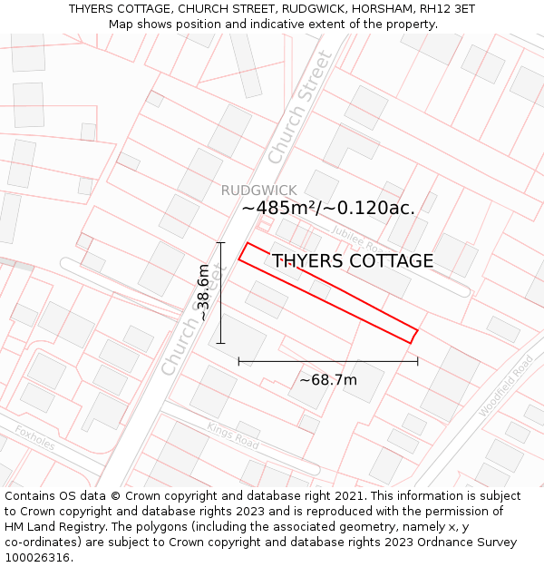 THYERS COTTAGE, CHURCH STREET, RUDGWICK, HORSHAM, RH12 3ET: Plot and title map