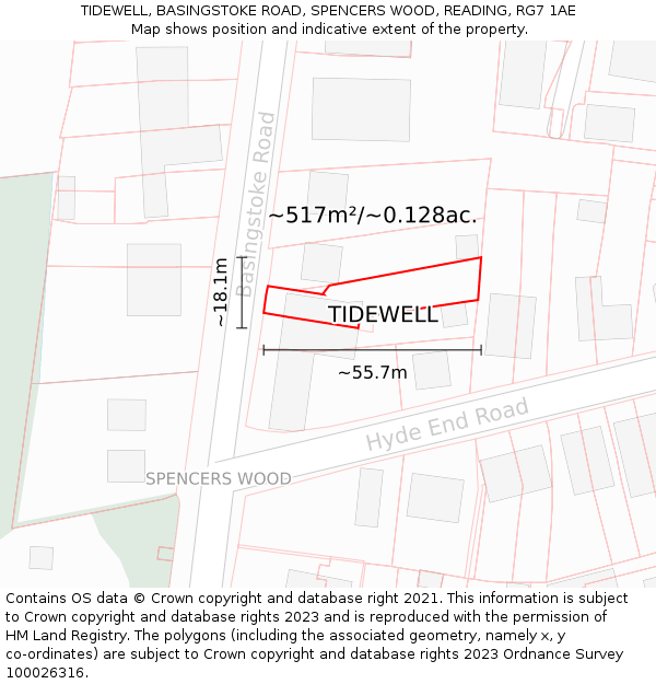 TIDEWELL, BASINGSTOKE ROAD, SPENCERS WOOD, READING, RG7 1AE: Plot and title map