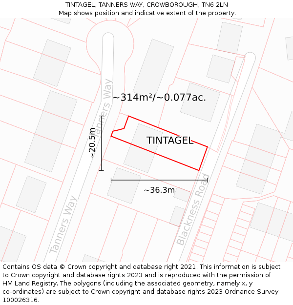 TINTAGEL, TANNERS WAY, CROWBOROUGH, TN6 2LN: Plot and title map