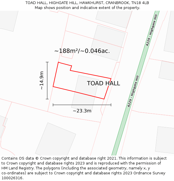 TOAD HALL, HIGHGATE HILL, HAWKHURST, CRANBROOK, TN18 4LB: Plot and title map