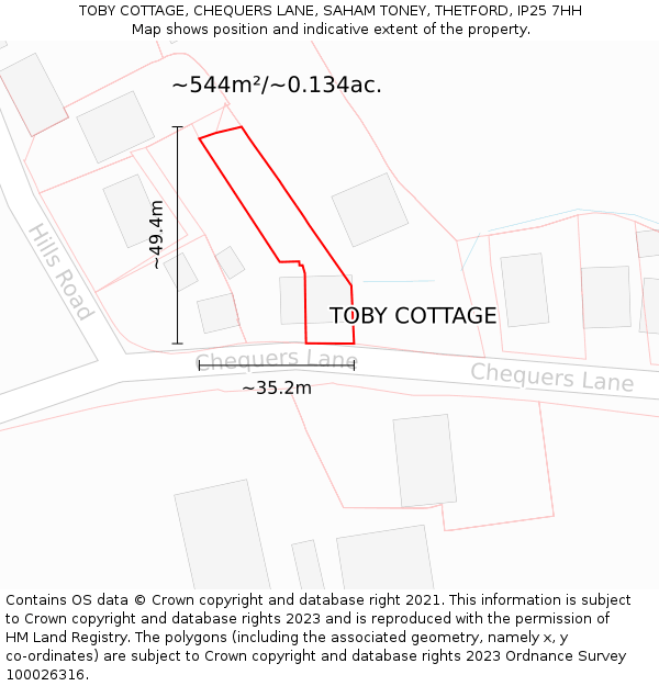 TOBY COTTAGE, CHEQUERS LANE, SAHAM TONEY, THETFORD, IP25 7HH: Plot and title map